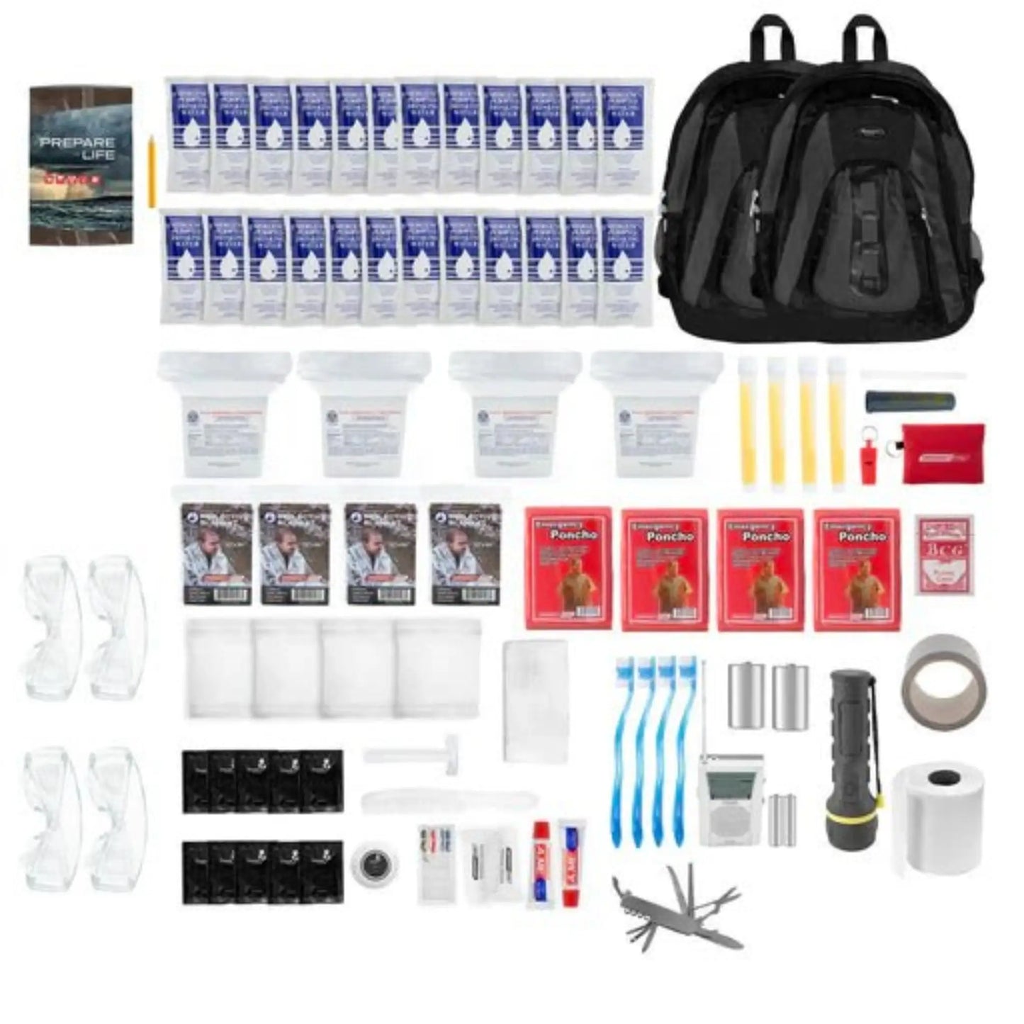 4 person rapidshield black backpacks along with images of all contents