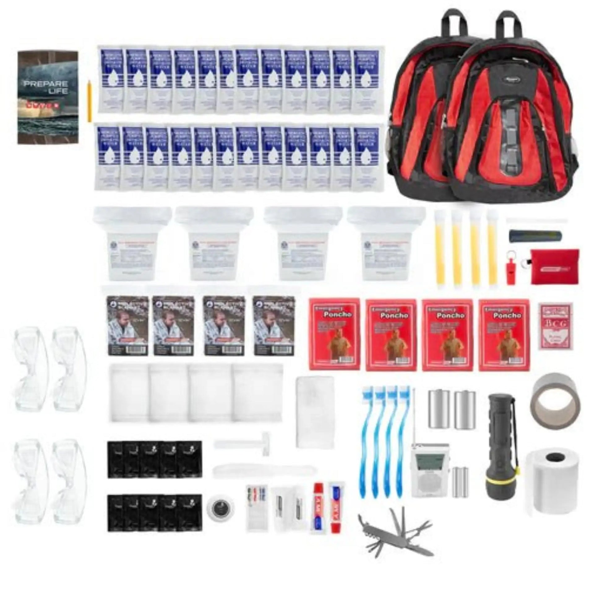 4 person rapidshield red backpacks along with images of all contents