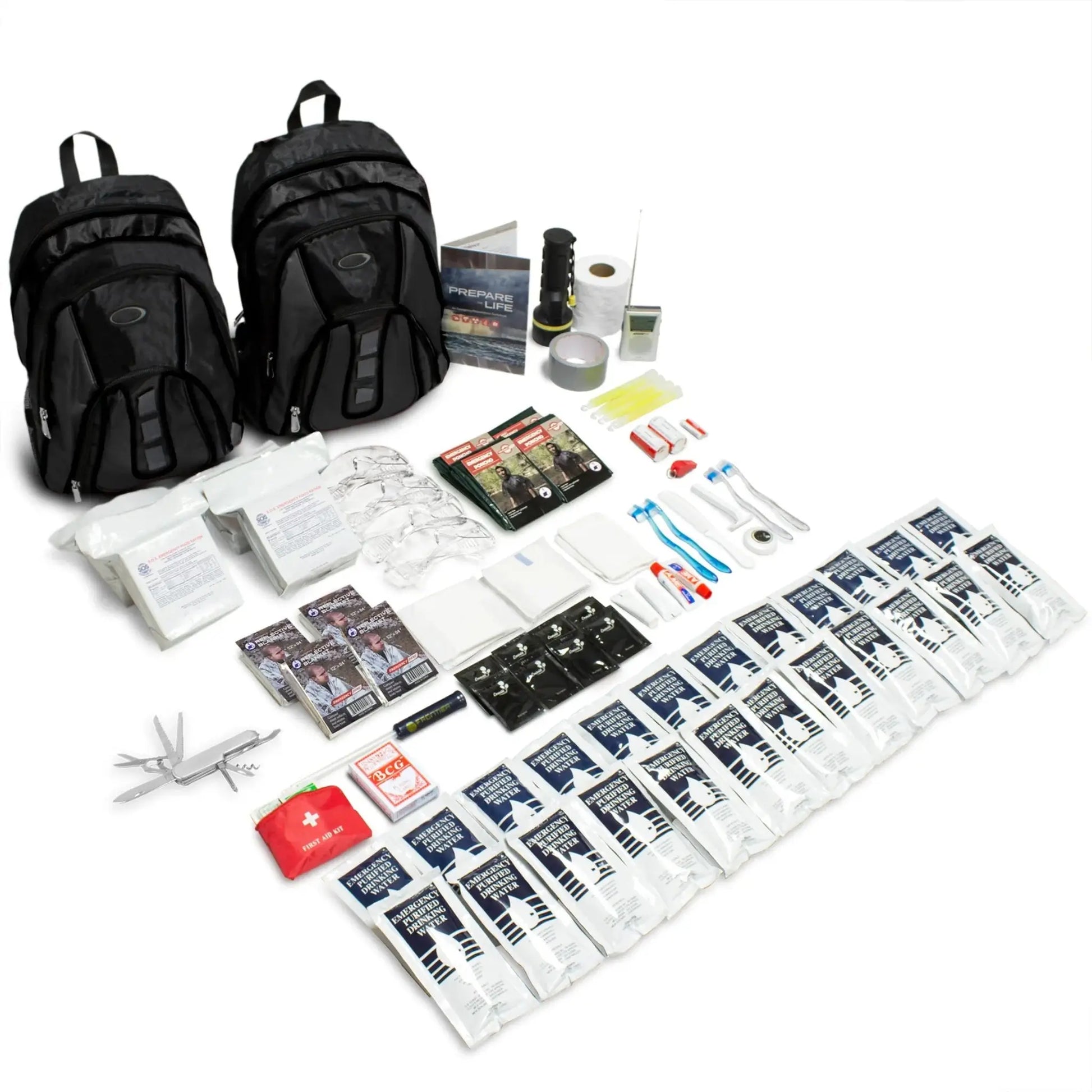 RapidShield 4-person family emergency kit contents laid out side by side for review kits in black