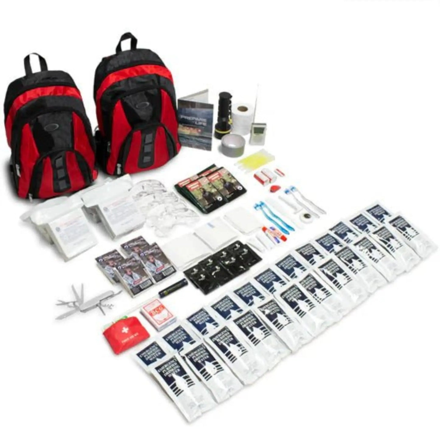 RapidShield 4-person family emergency kit contents laid out side by side for review kits in red