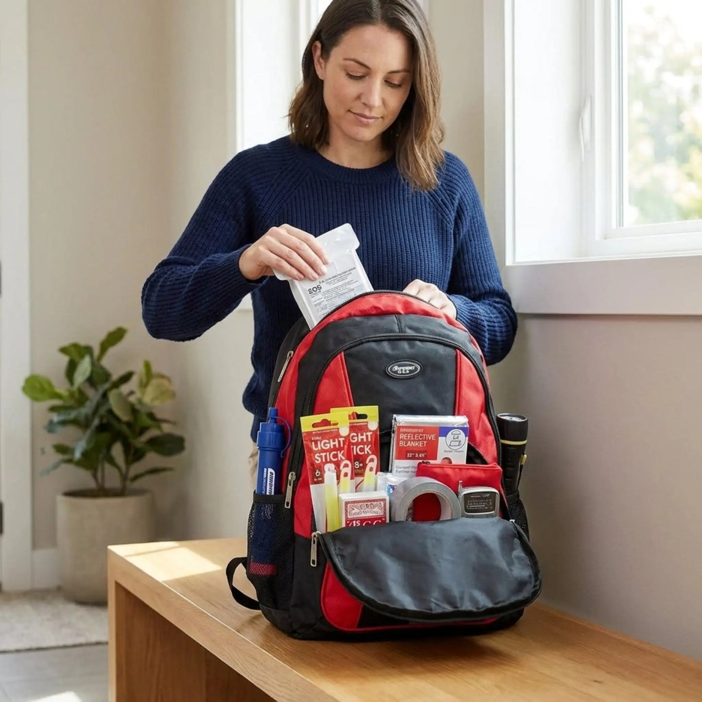 Woman organizing items into a red and black backpack on a wooden table.