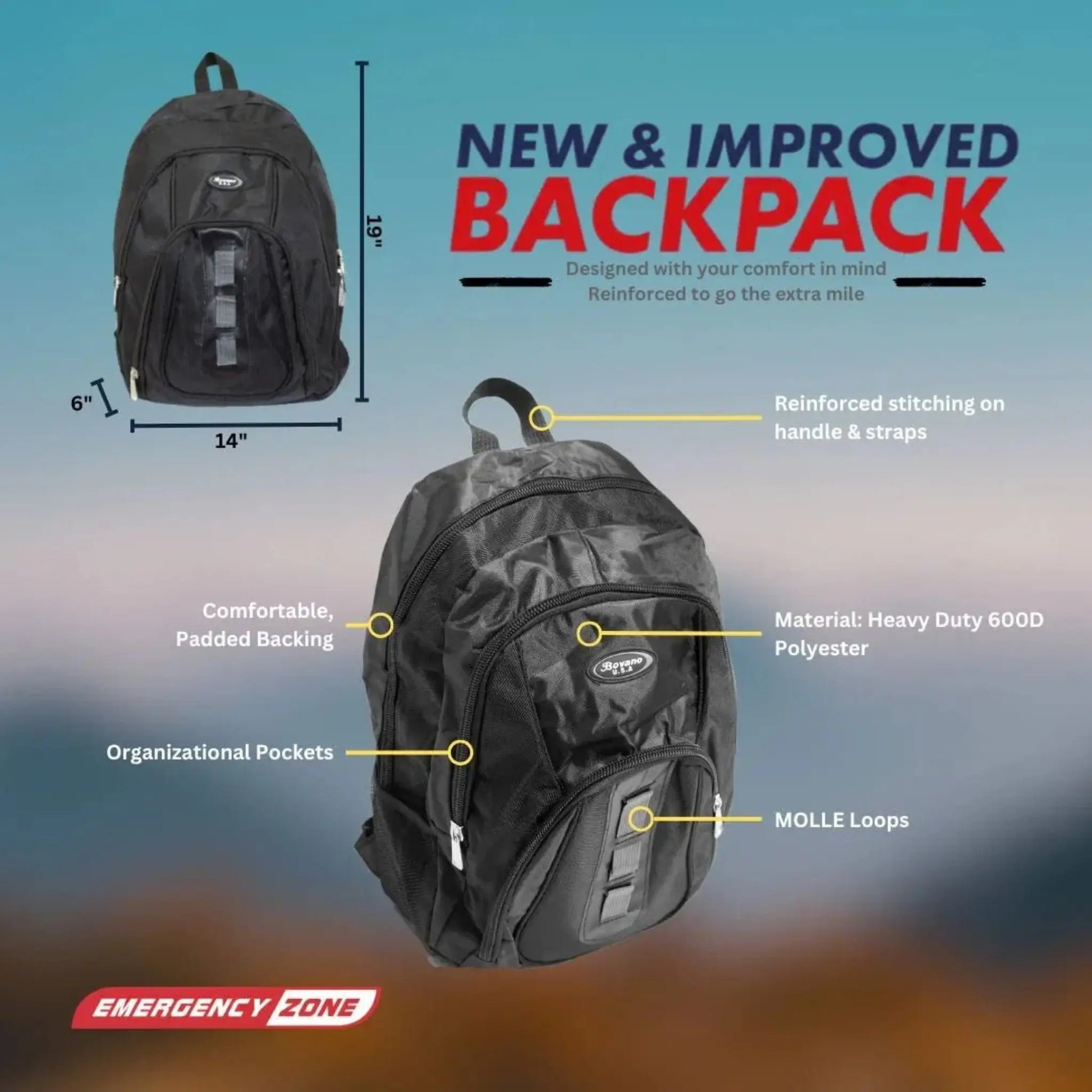 New and improved black backpack for RapidShield 72-hour family emergency survival kit