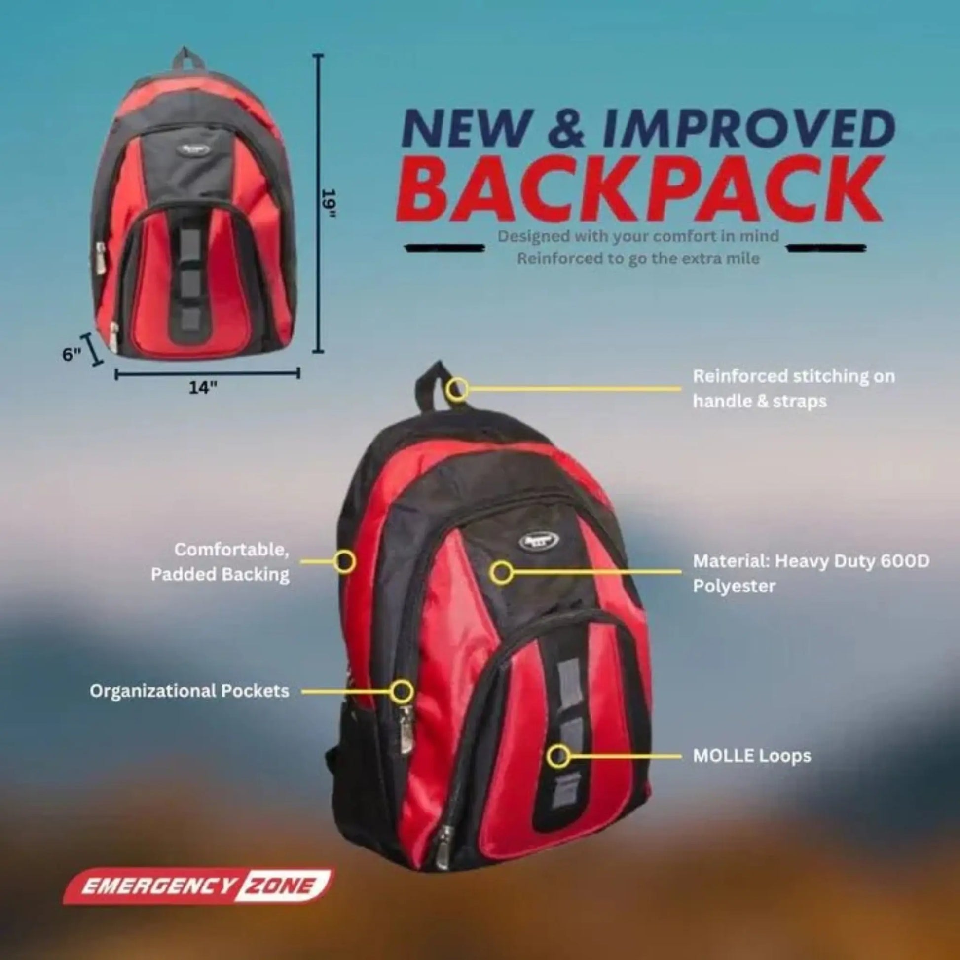 New and improved red backpack for RapidShield 72-hour family emergency survival kit