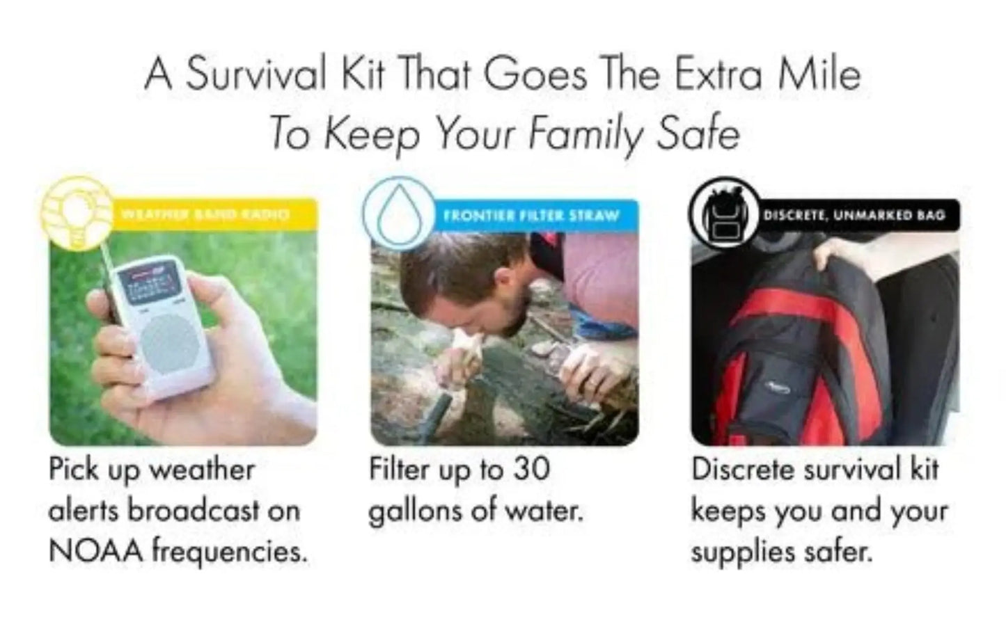 Survival tips info card showing top choices to keep your family safe included with RapidShield kit