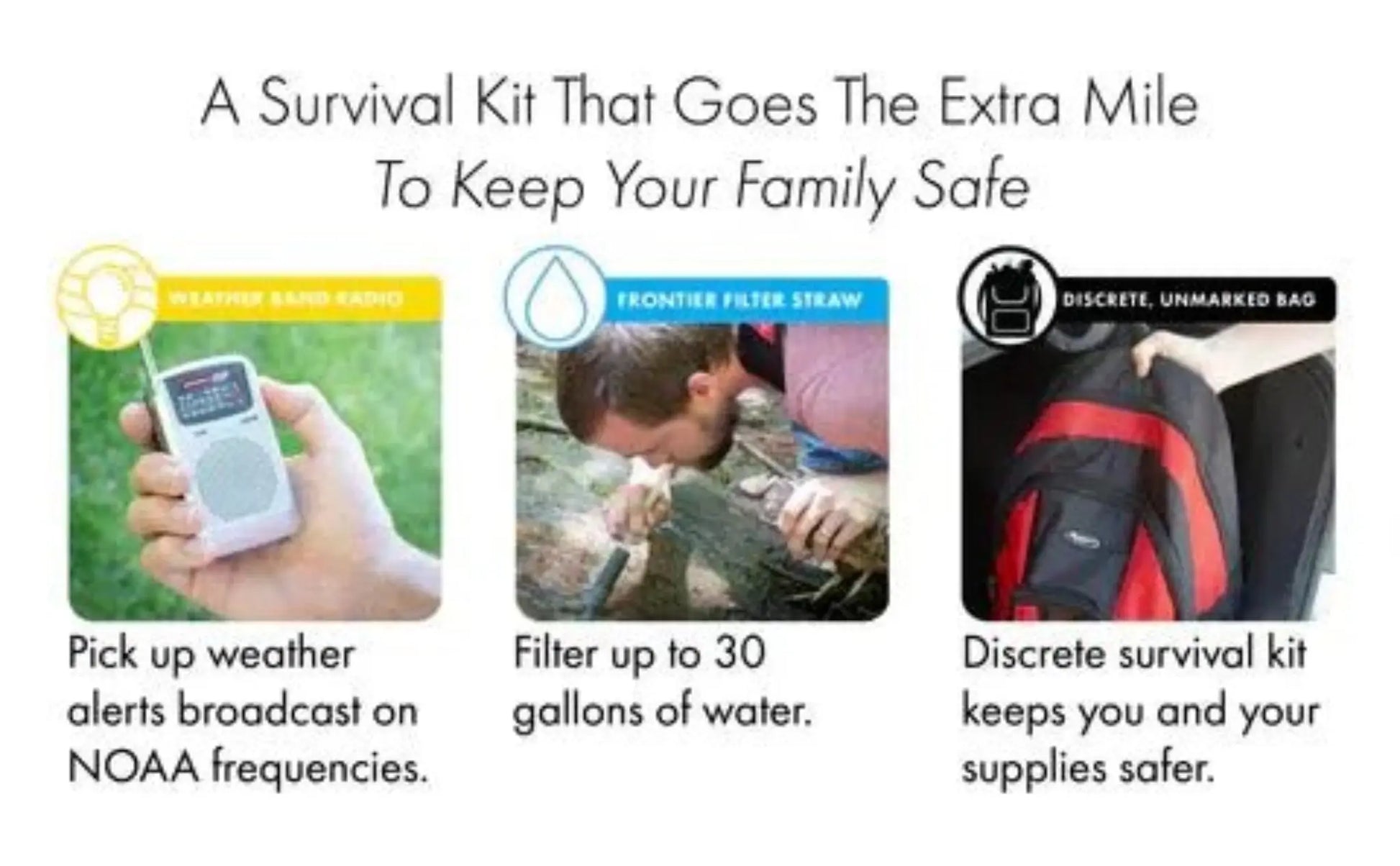 Survival tips info card showing top choices to keep your family safe included with RapidShield kit