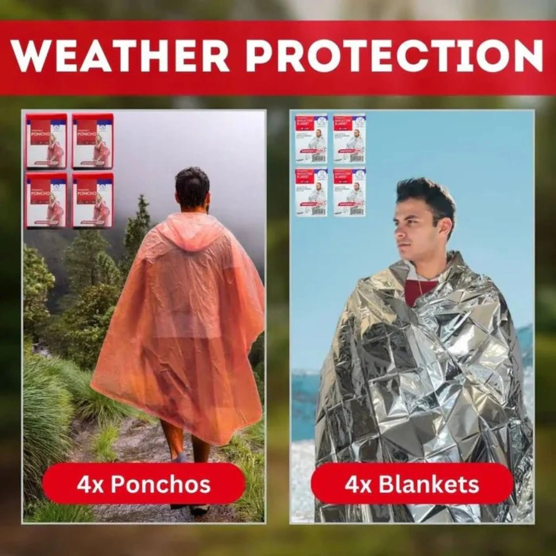 Weather protection info card showing ponchos and emergency blankets in RapidShield family 4 person kits