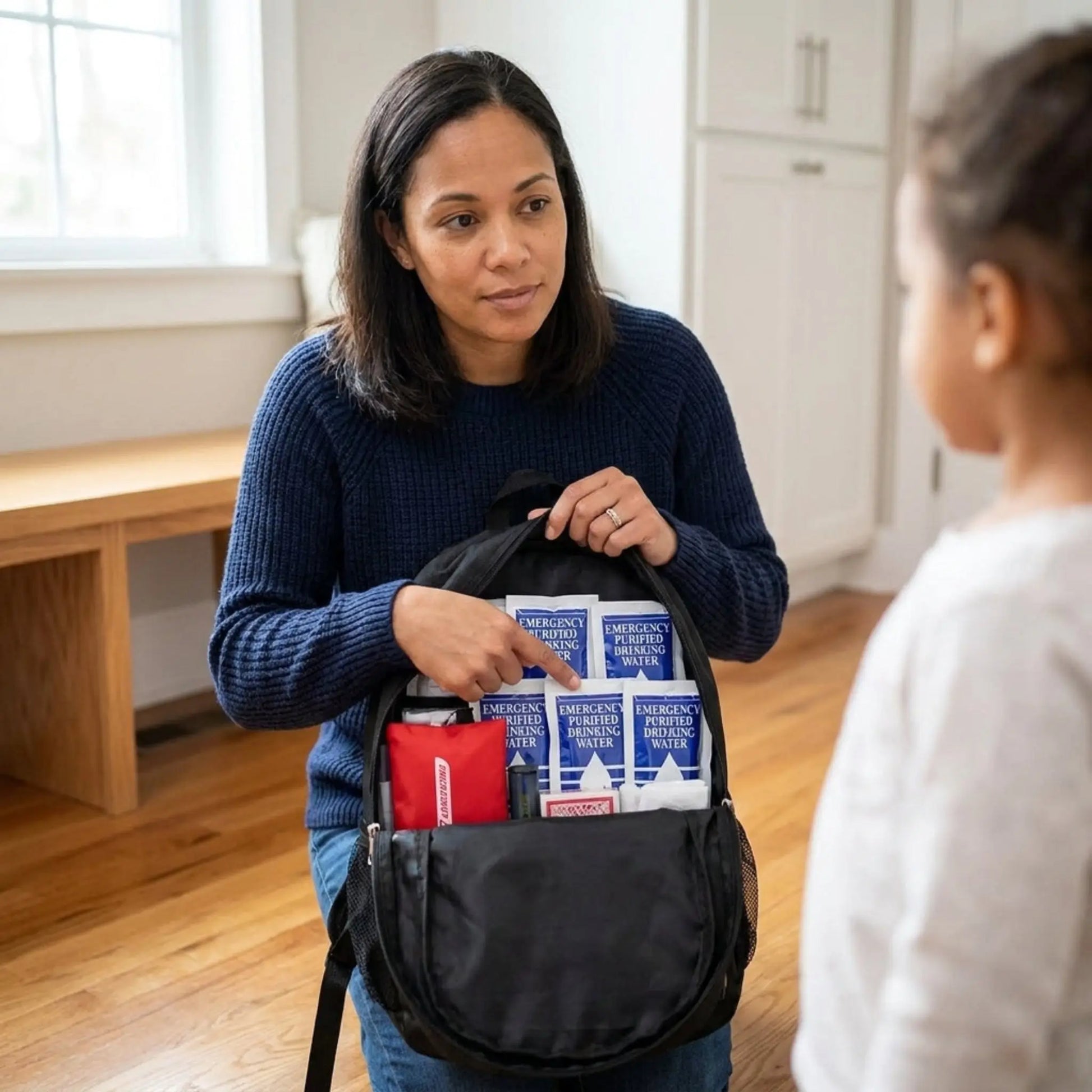 Woman showing a backpack with emergency supplies to a child indoors.