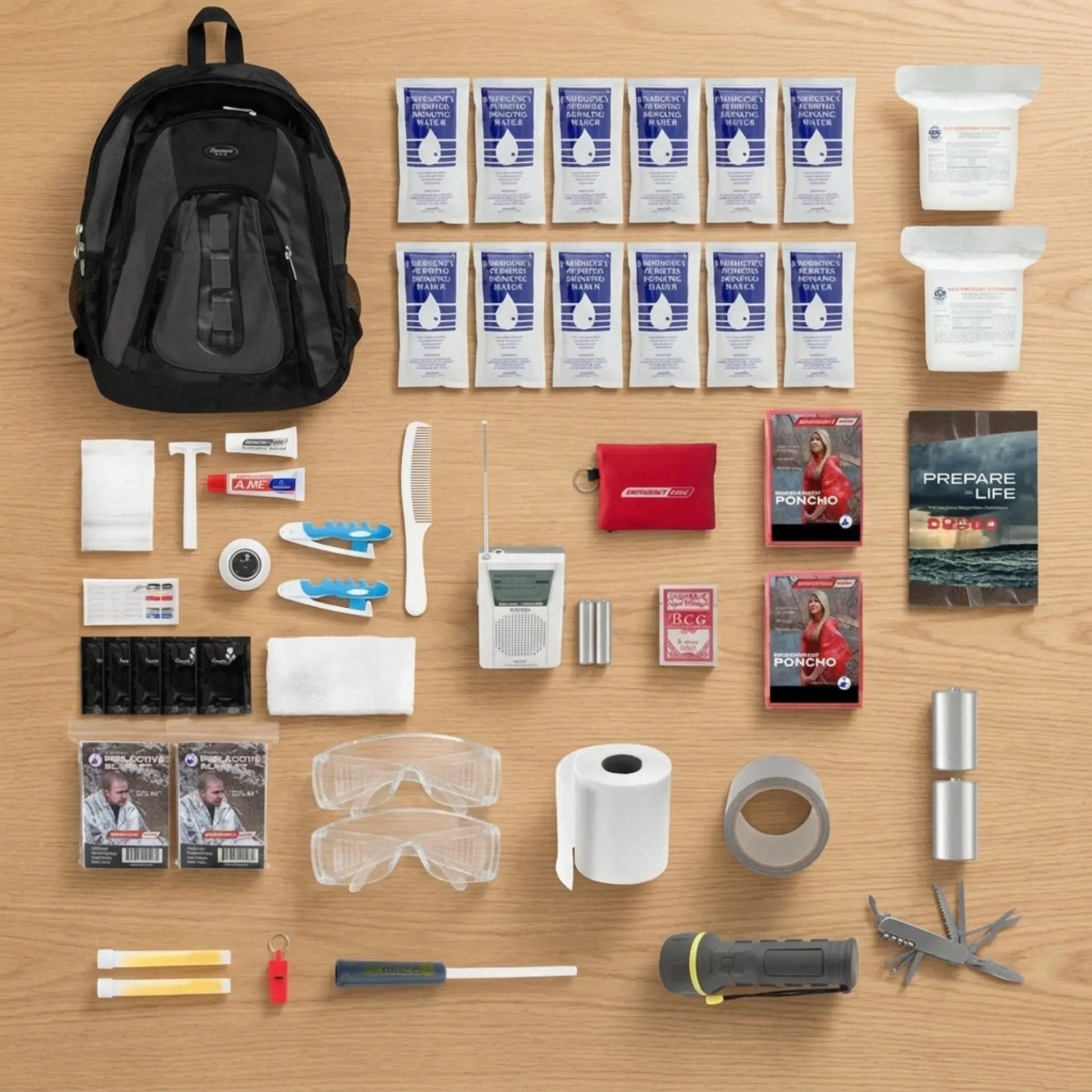 Collection of emergency supplies including a backpack, water bottles, tools, and first aid items on a wooden surface.