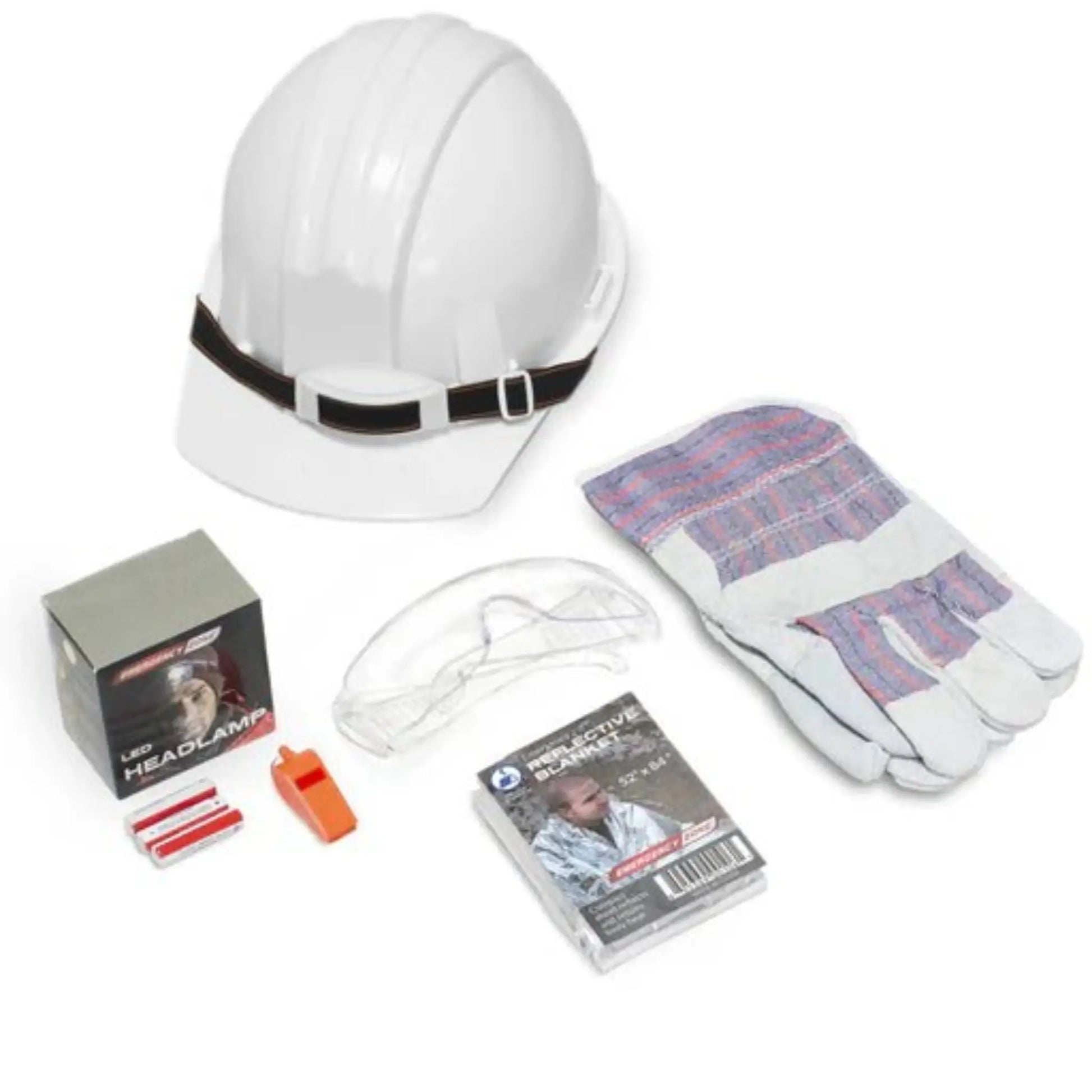 safety gear set including a hard hat, gloves, goggles, and a whistle on a white background.