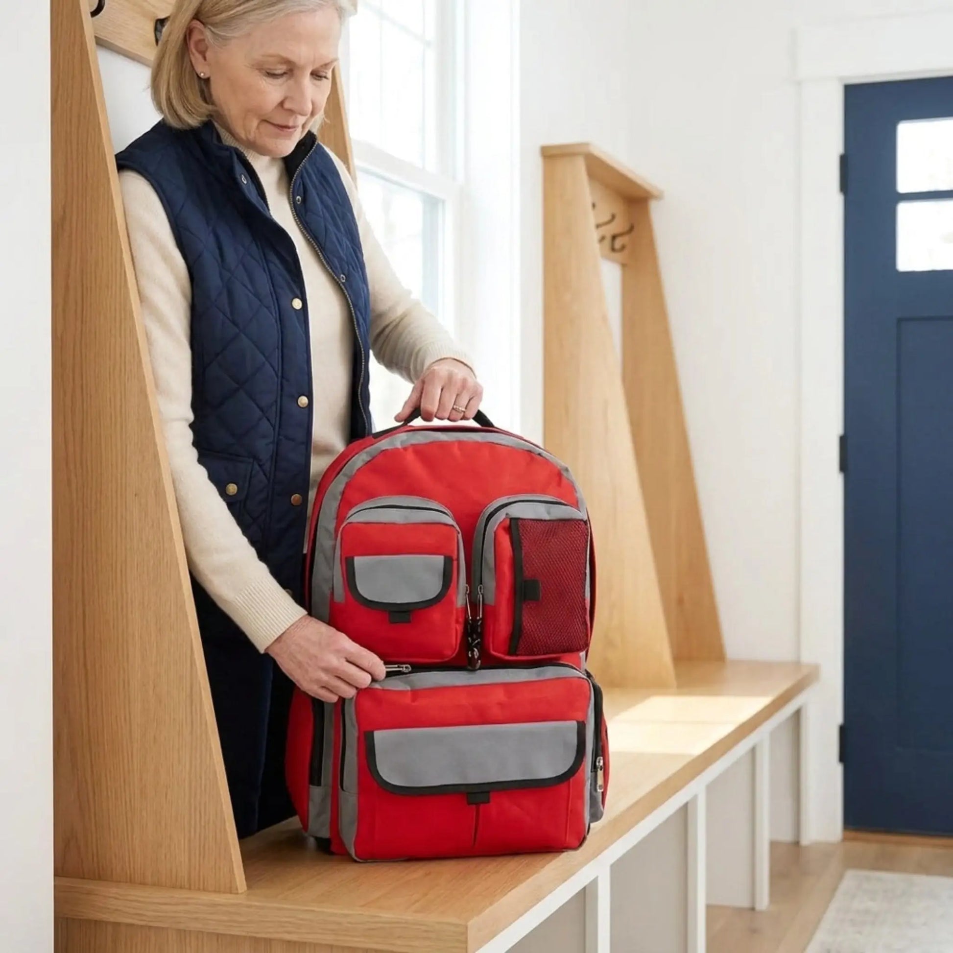 Senior woman holding a red emergency survival backpack in a home setting