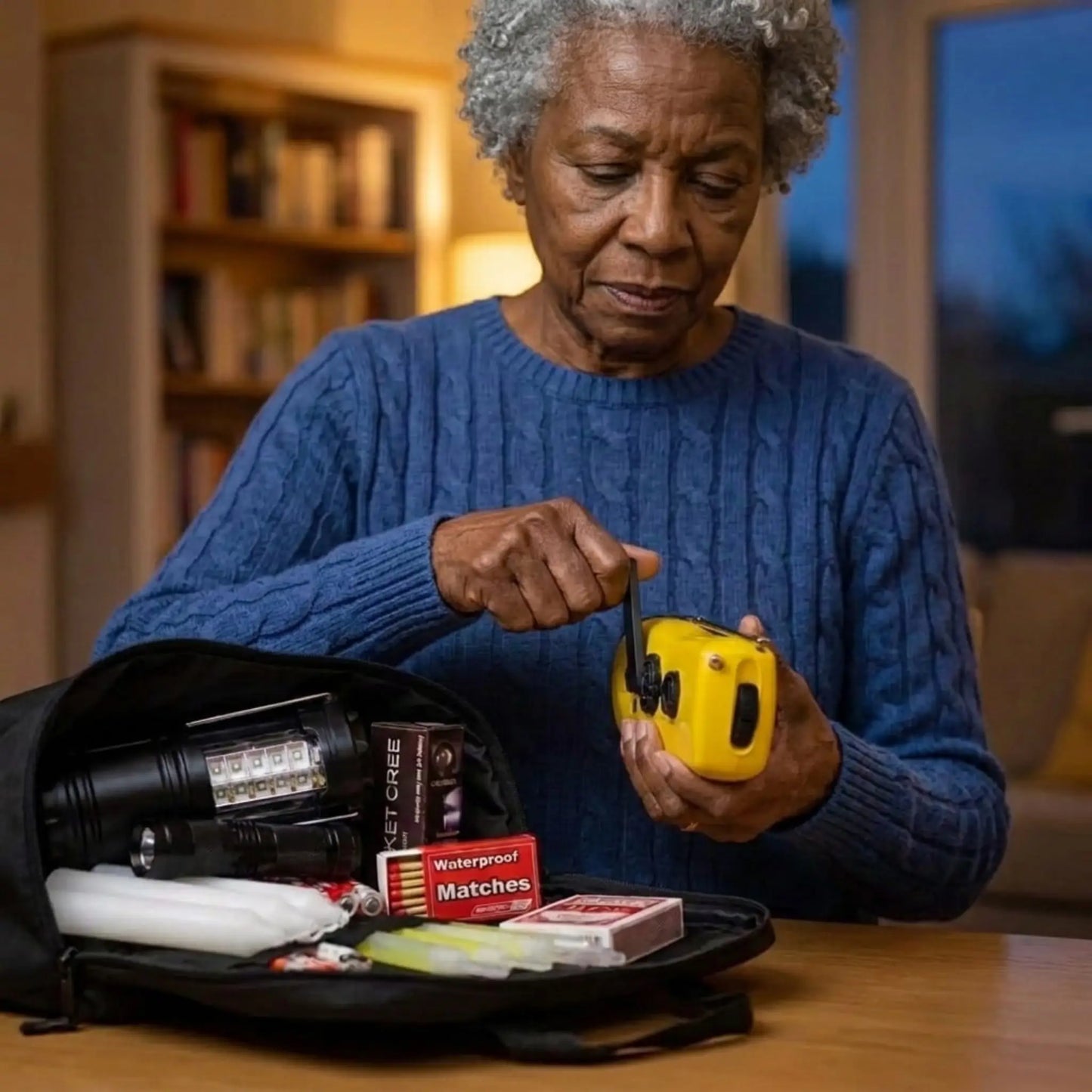 An elderly woman in a blue cable-knit sweater is shown in a home setting, opening a black emergency preparedness backpack to reveal a yellow whistle and other survival gear.