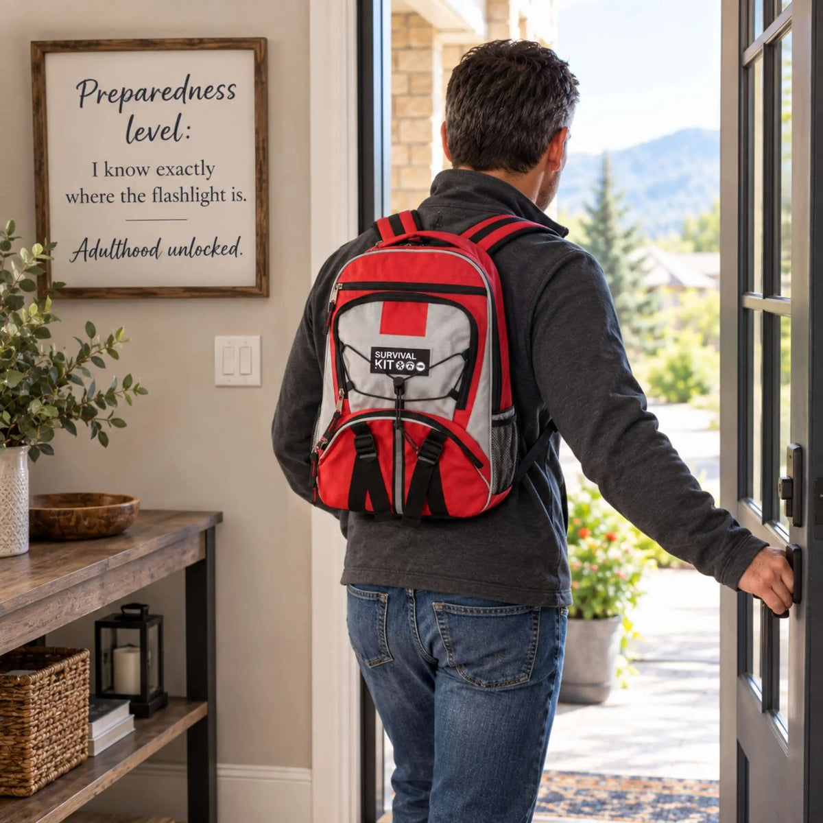 Man wearing the SideBySide emergency kit backpack, heading out the door