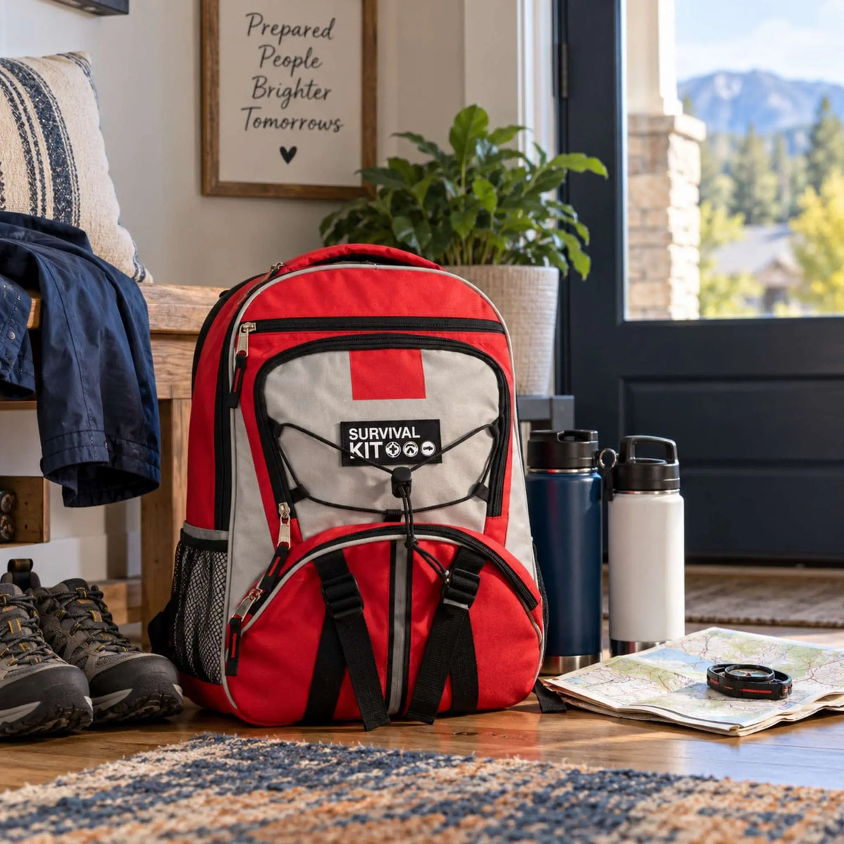 SideBySide emergency kit backpack on the floor near a front door