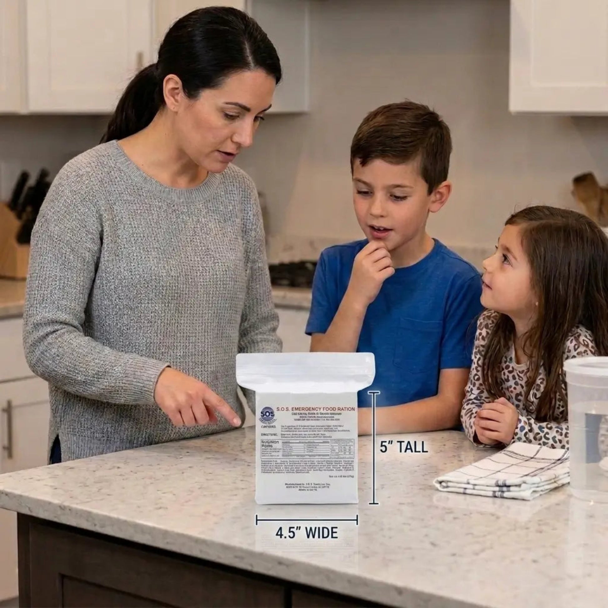 A woman and two children stand at a kitchen counter looking at a white package of U.S.