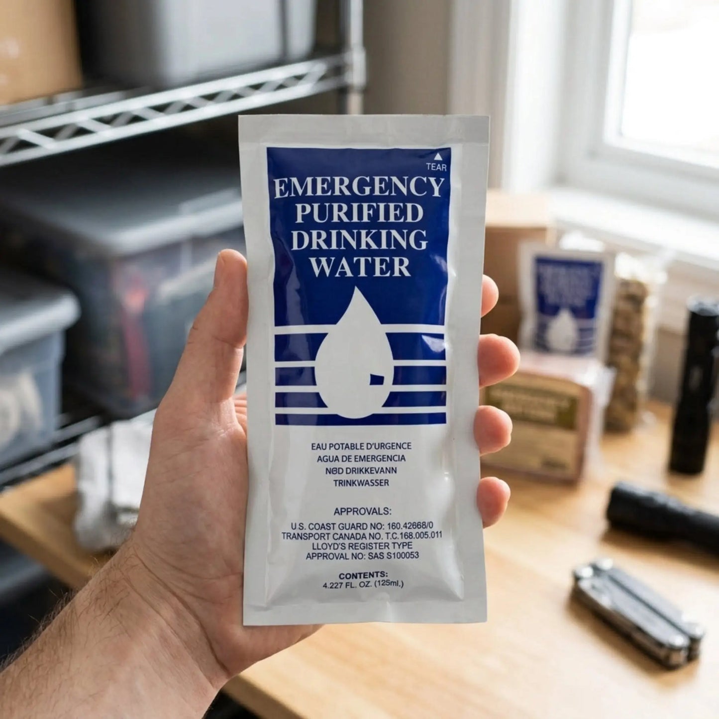 A hand holds a white and blue packet of emergency purified drinking water in an office or storage room setting.