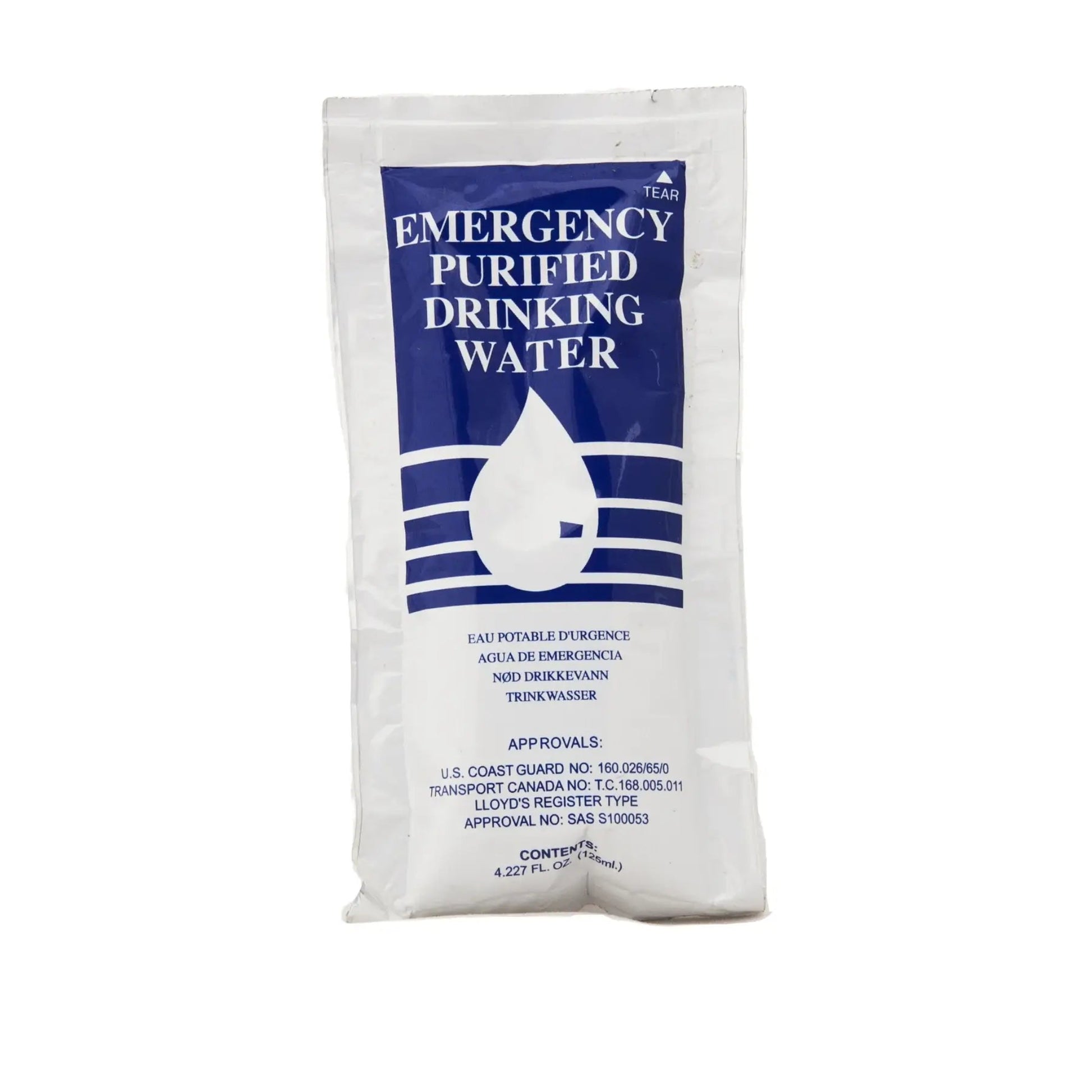 A white plastic bag of emergency purified drinking water with a blue label reading 'EMERGENCY PURIFIED DRINKING WATER' and additional text below, shown on a plain white background.