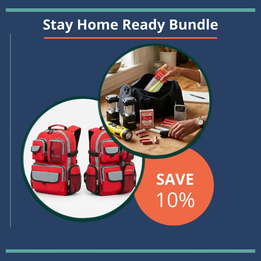 Stay Home Ready Bundle with red backpacks and a discount offer on a blue background