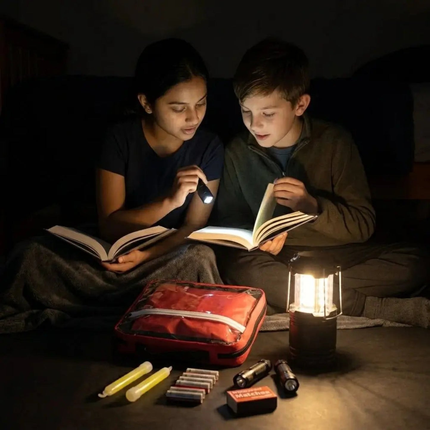 Two children sitting on the floor reading books in a dim room, with a red emergency preparedness kit, a lit lantern, and small survival tools in the foreground.
