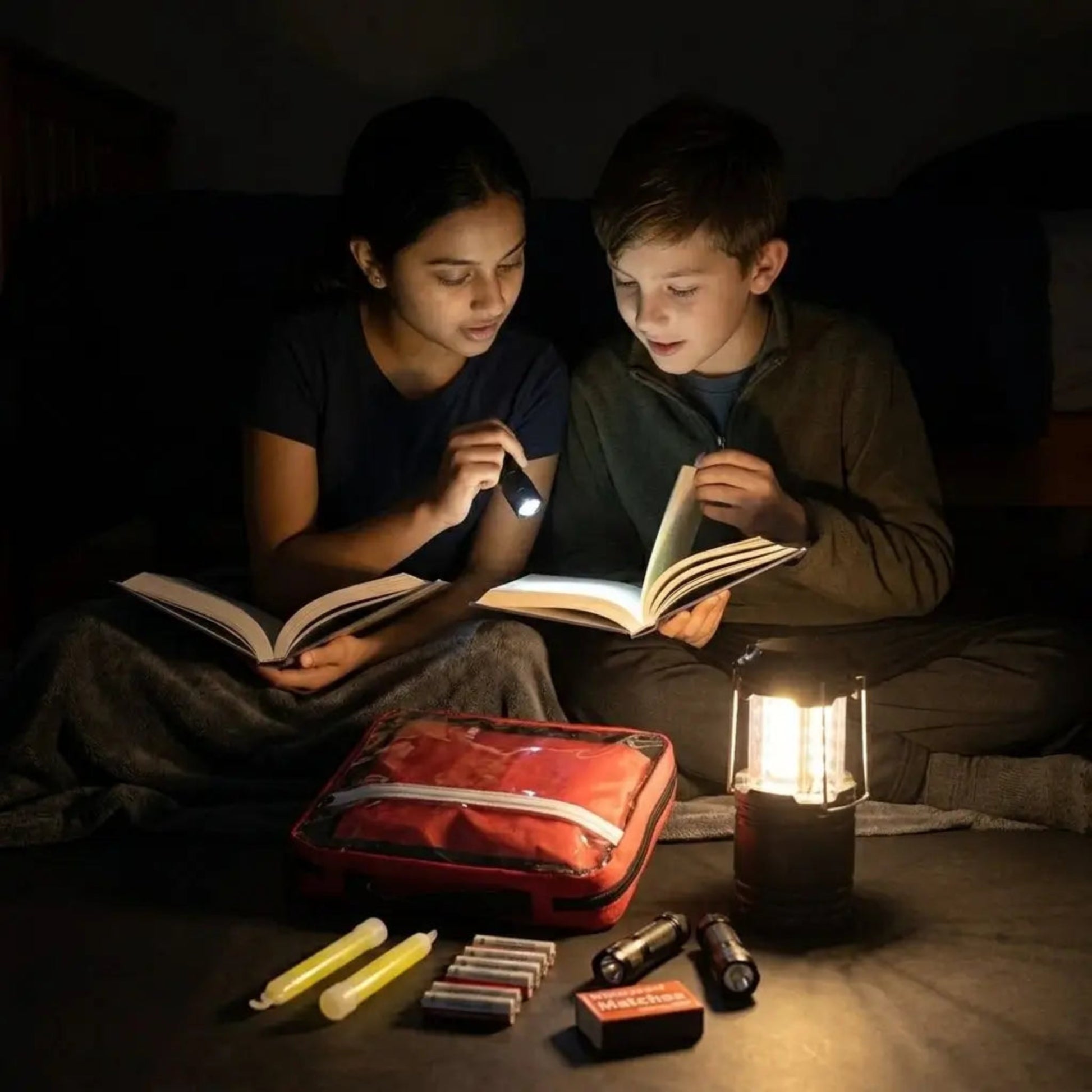 Two children sitting on the floor reading books in a dim room, with a red emergency preparedness kit, a lit lantern, and small survival tools in the foreground.