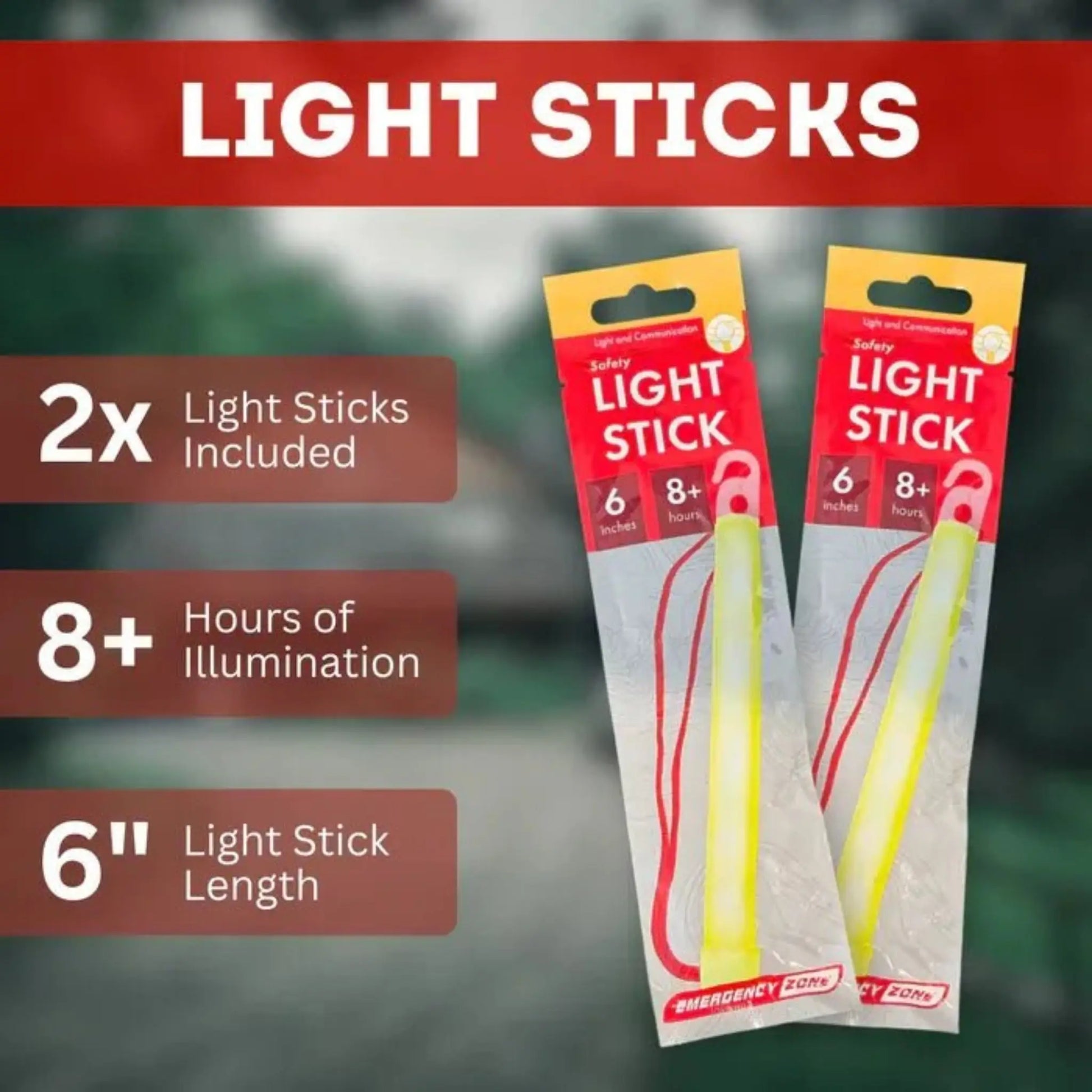 Two packages of light sticks with product details on a blurred background