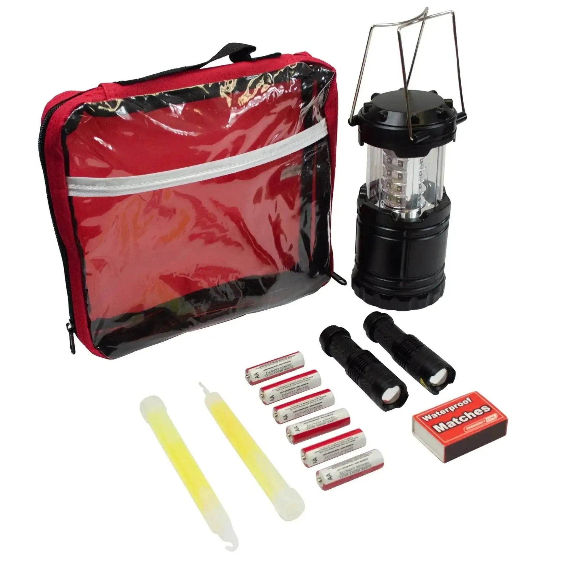 StayLit basic power outage survival kit packed in closed red carry bag