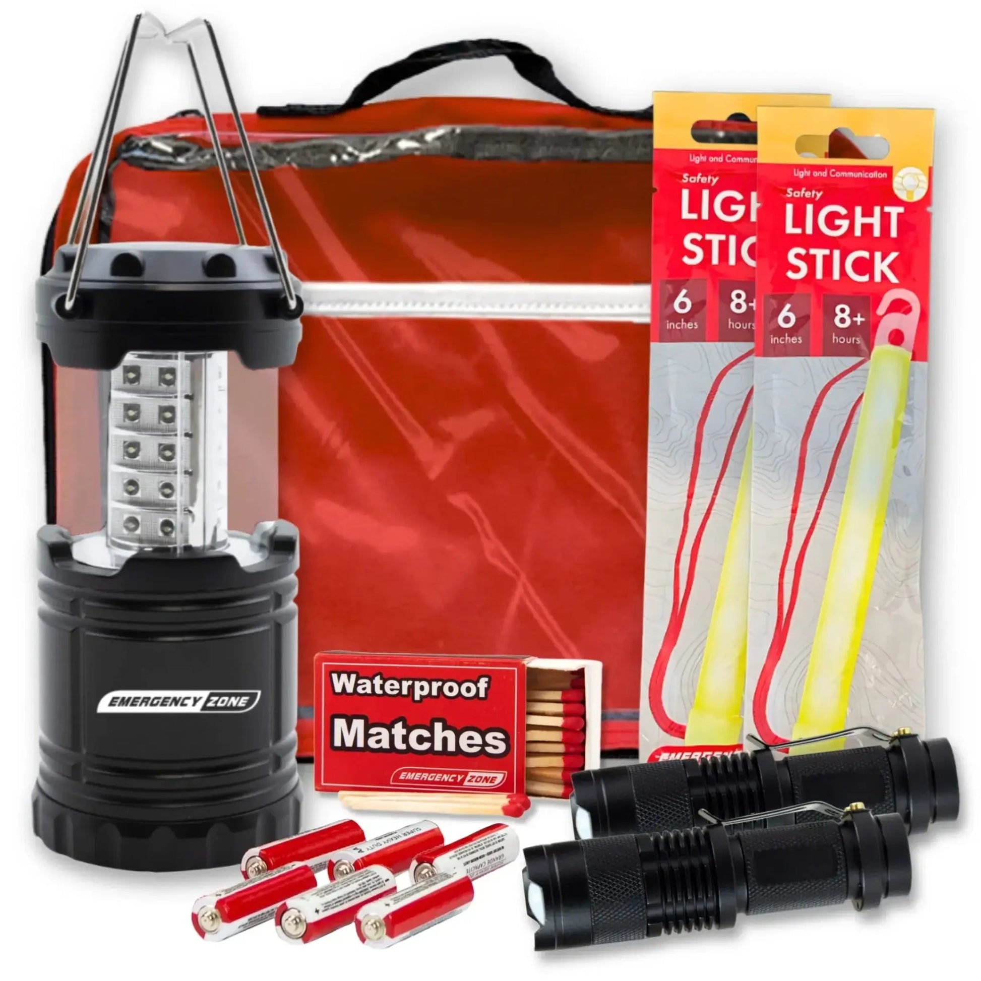 StayLit basic power outage survival kit full contents including lantern, flashlight, light sticks, and waterproof matches