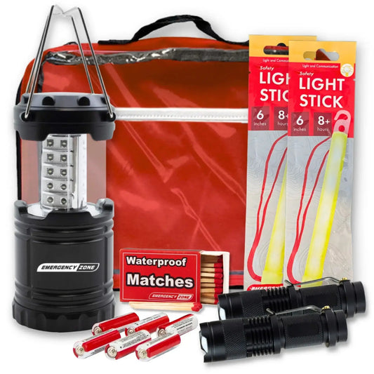 StayLit basic power outage survival kit full contents including lantern, flashlight, light sticks, and waterproof matches