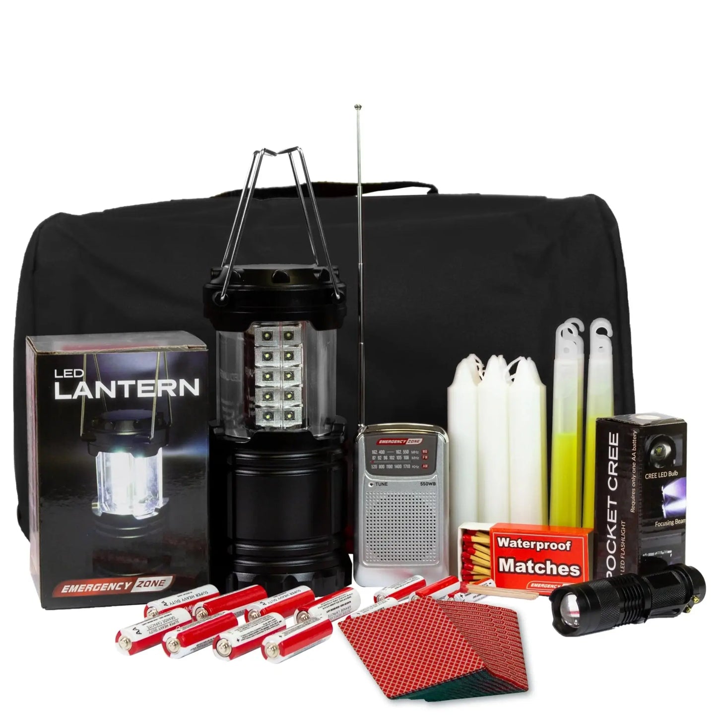 StayLit deluxe power outage kit black bag with lantern and emergency supply contents