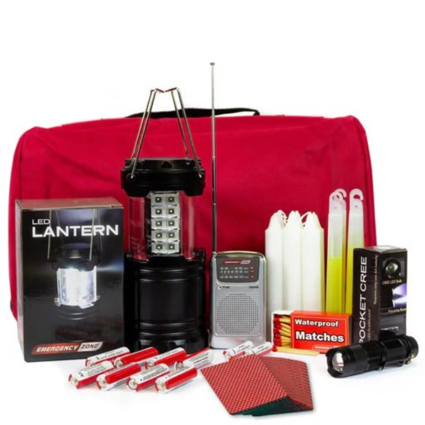 StayLit deluxe power outage kit red bag with lantern and emergency supply contents