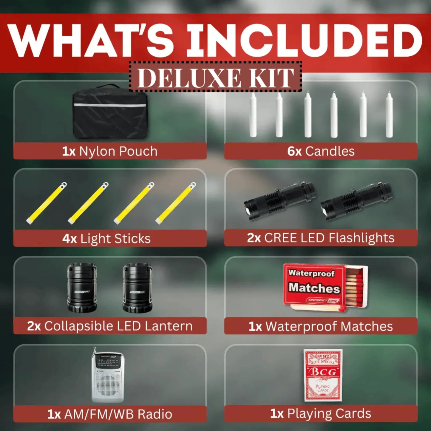 whats included in the deluxe power outage emergency survival kit