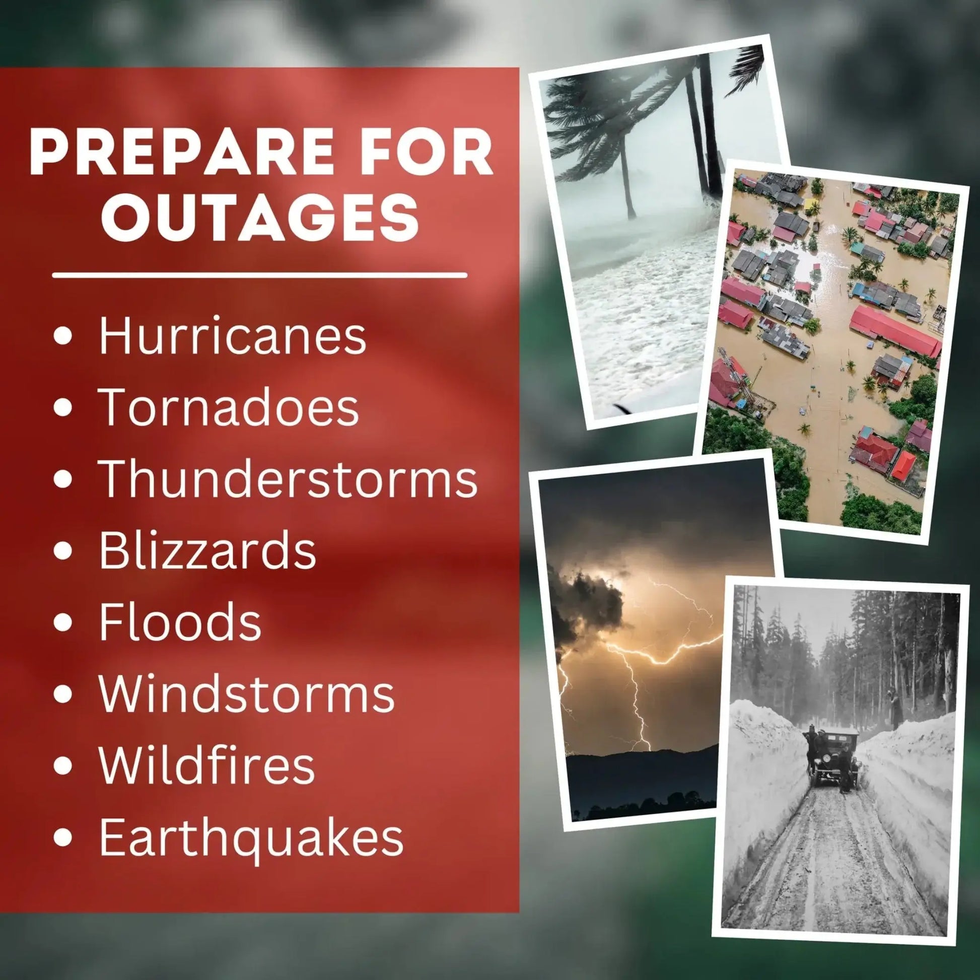 Prepare for outages info card listing hurricanes, tornadoes, floods, and wildfires