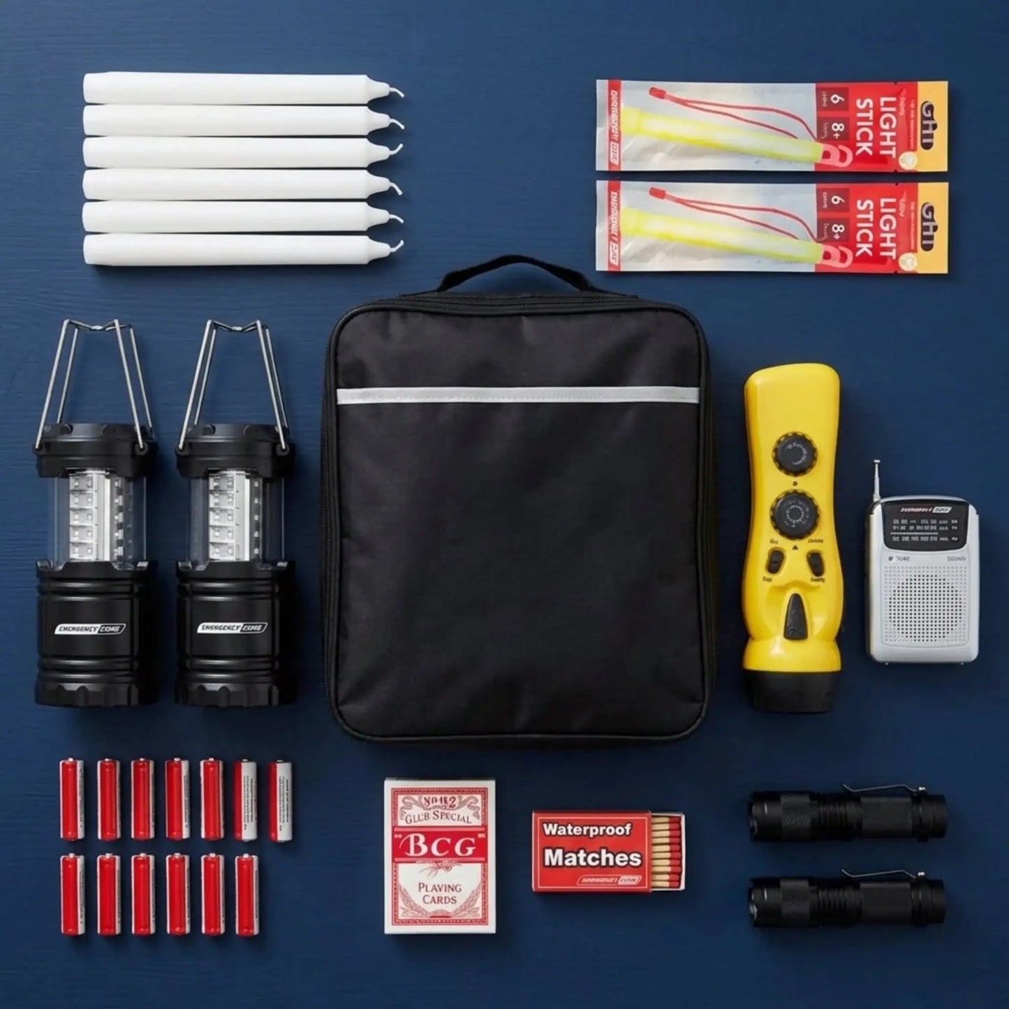 Emergency supplies including lanterns, batteries, a black bag, flashlights, matches, and a radio on a blue background.