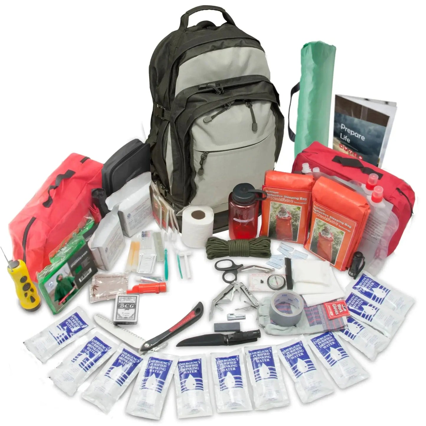 2 person urban bug out bag front view with all contents shown