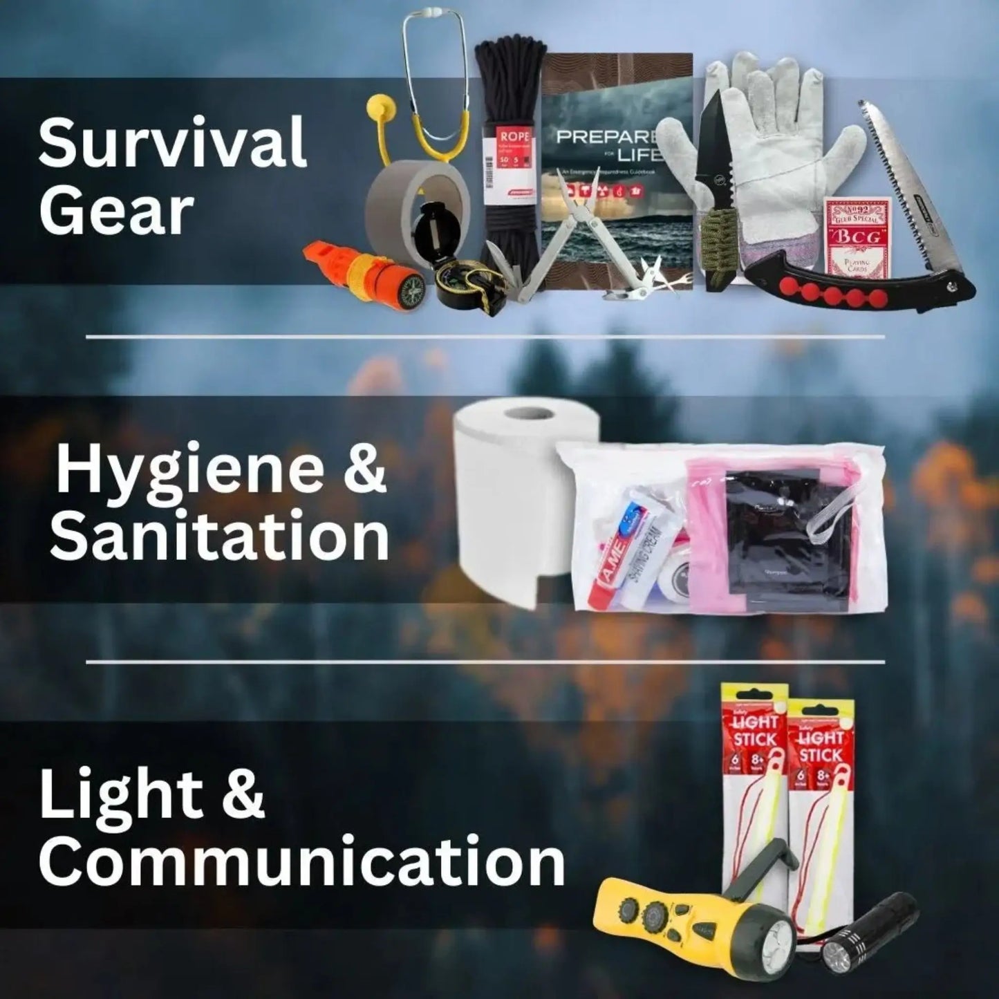 Stealthshield contains survival gear, hygiene and sanitation items and light and communication