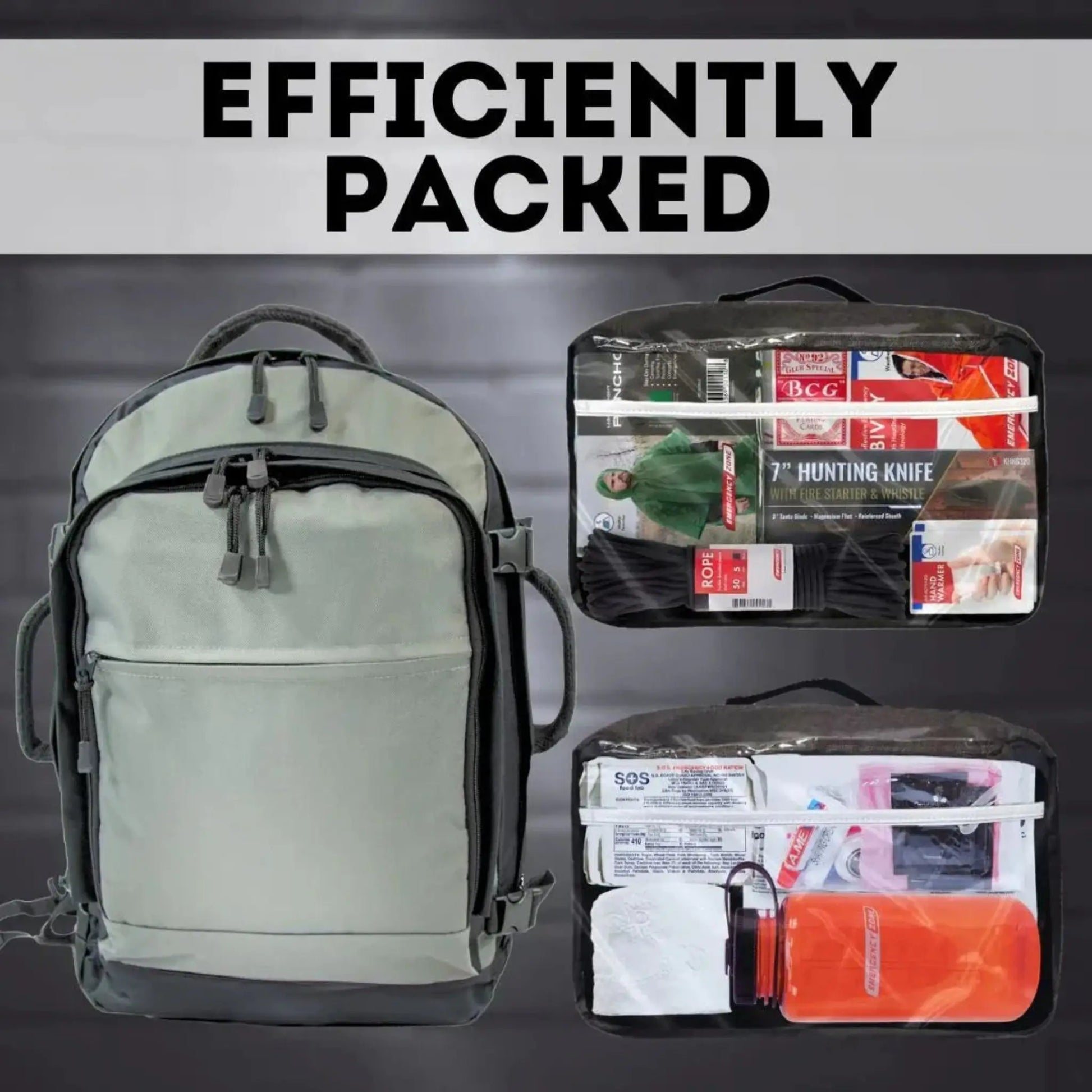 StealthShield urban bug out bag organized subkits and contents inside 53L backpack