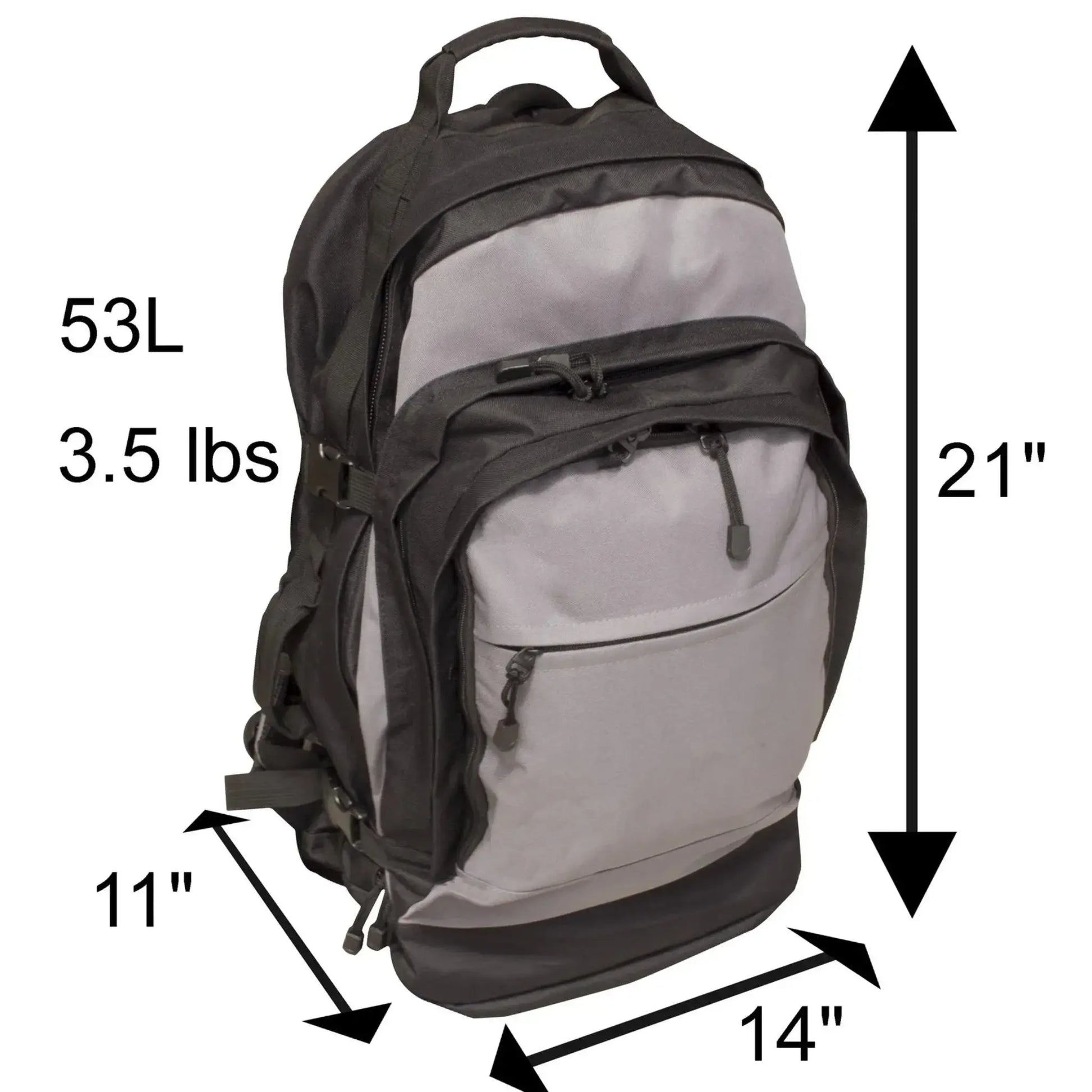 StealthShield discreet urban bug out bag side view showing 53L backpack capacity and measurements