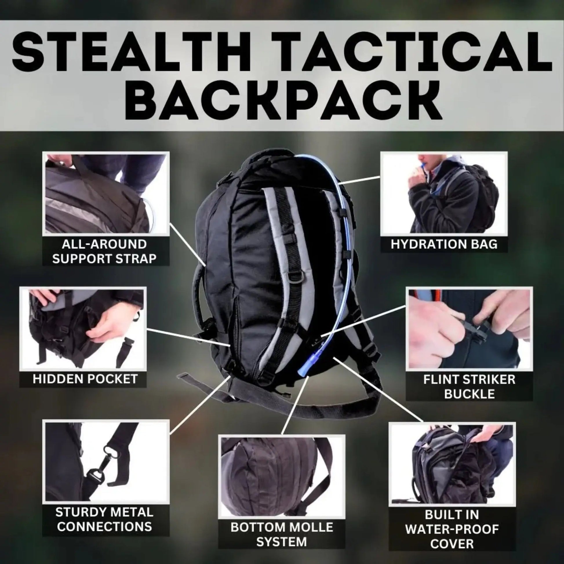 StealthShield urban bug out bag built-in waterproof covering and hydration bladder features