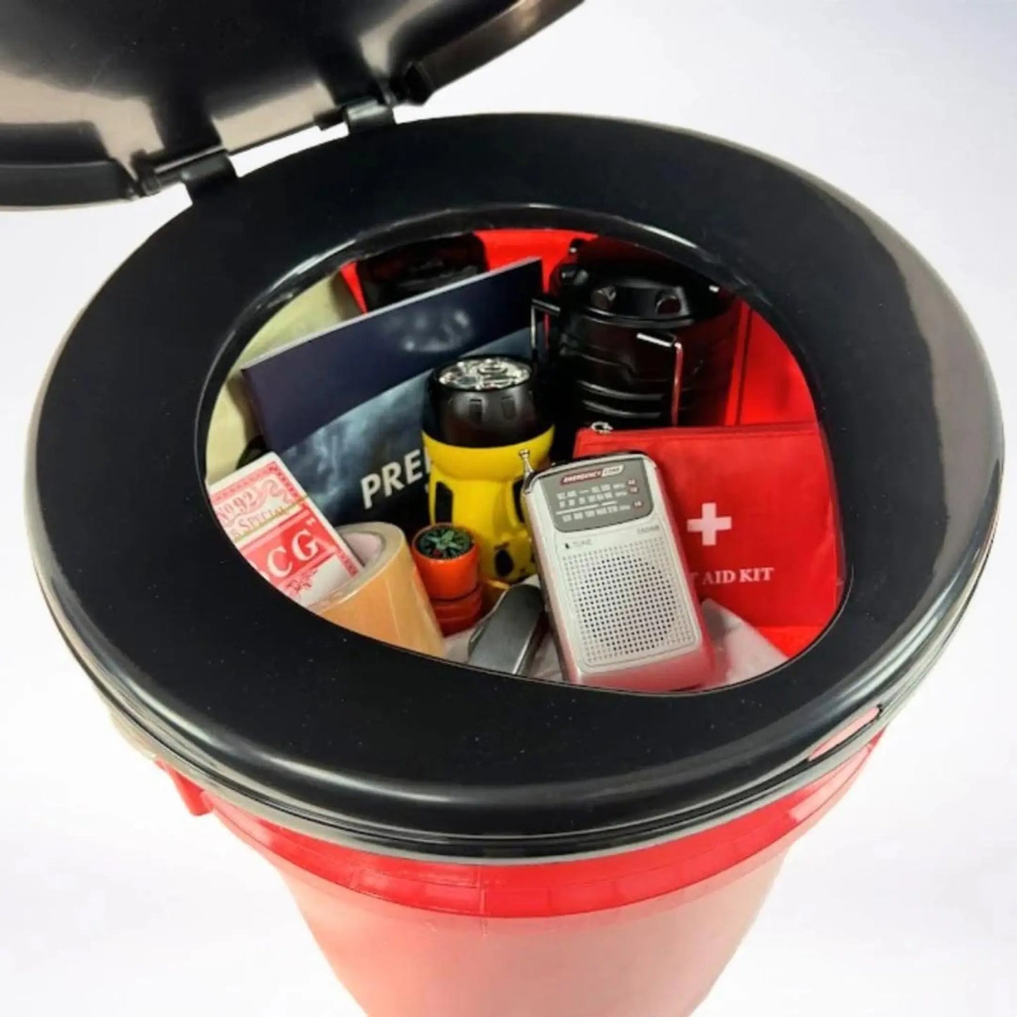 StormShield hurricane survival kit open bucket showing organized emergency supplies inside