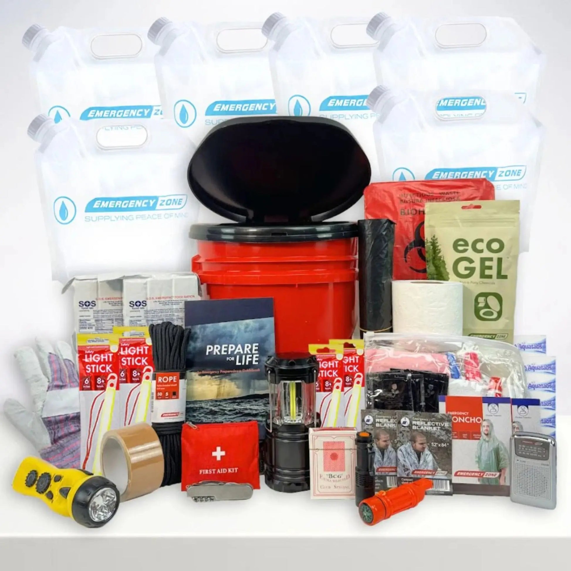 StormShield hurricane survival kit full contents including bucket, eco gel, first aid, flashlight, and emergency supplies for 2 person kit