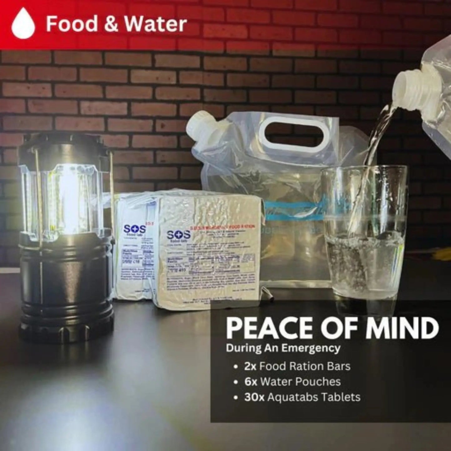 Food and water peace of mind lifestyle image showing candle light and supplies from StormShield hurricane kit