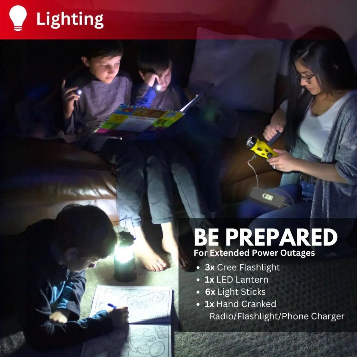 Family using lighting supplies from StormShield hurricane survival kit during power outage