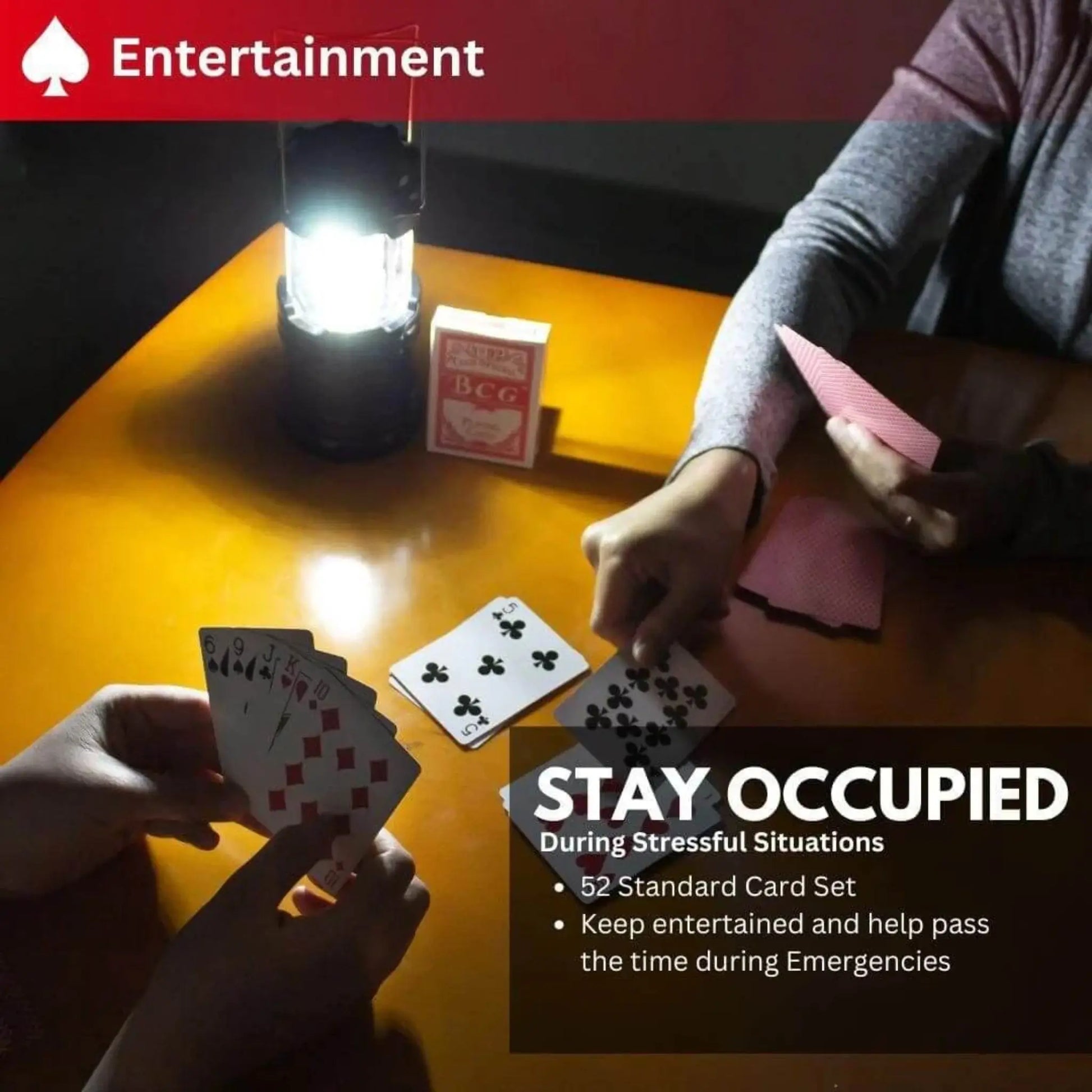 Stay occupied entertainment info card showing activities included in StormShield hurricane survival kit