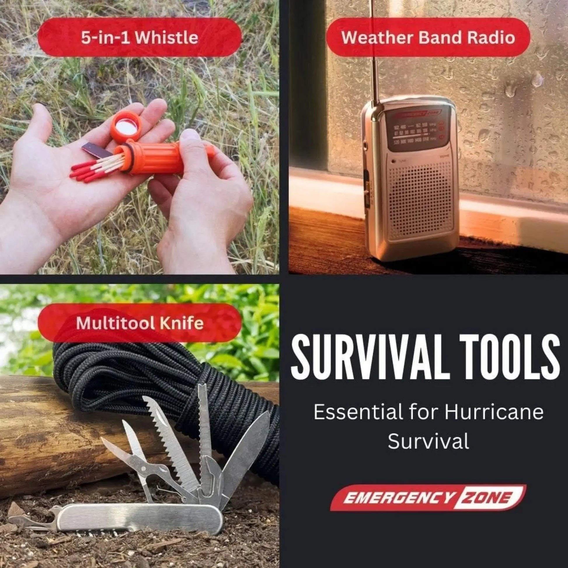 Survival tools info card showing essential items for hurricane survival in StormShield kit