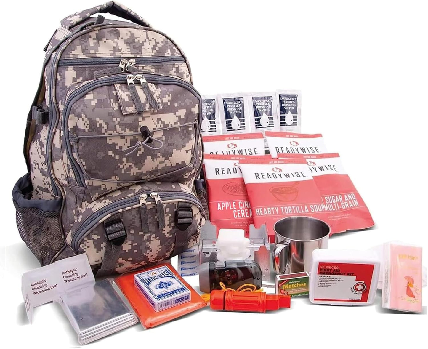 SureStep camo emergency survival backpack with all 64 pieces laid out