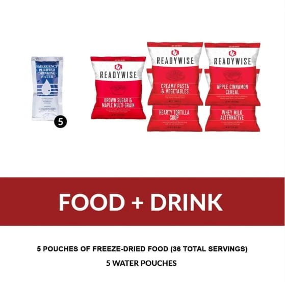 SureStep survival backpack food and drink contents including meal pouches and water