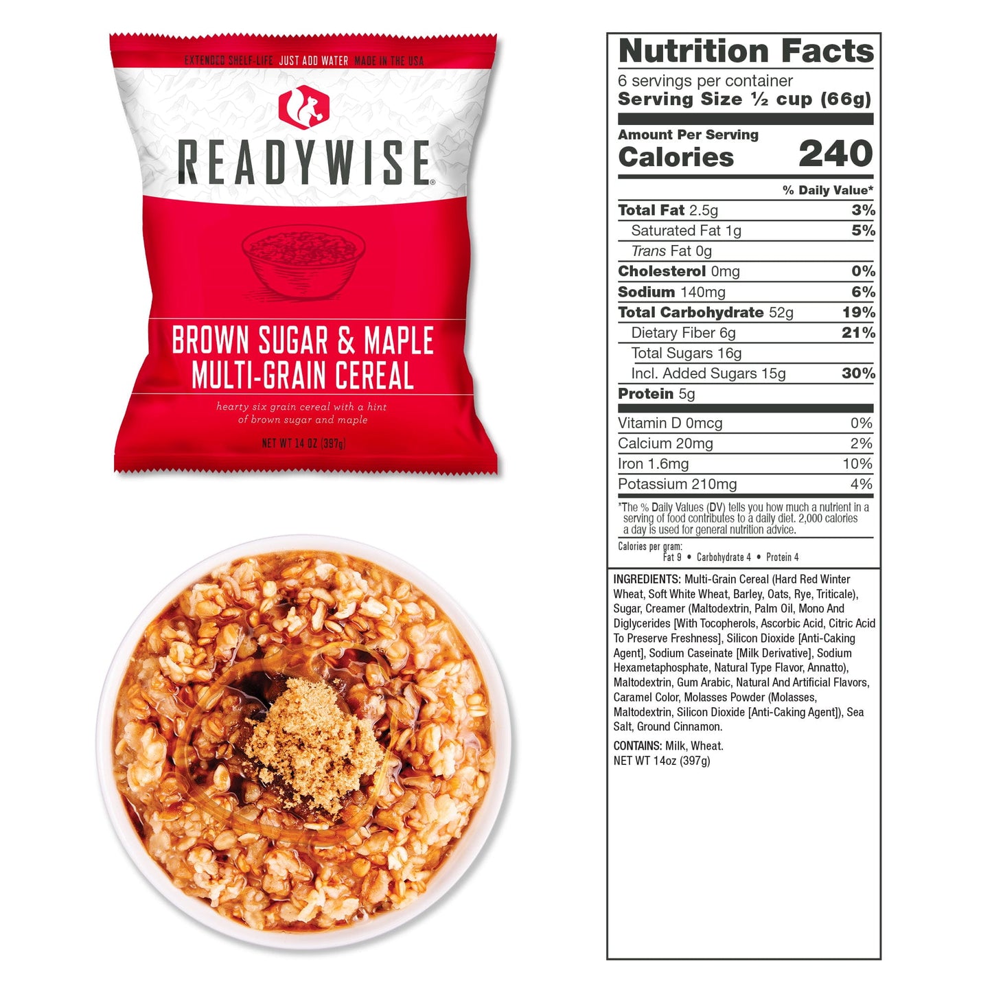 Brown sugar maple multi-grain cereal emergency meal pouch in SureStep backpack