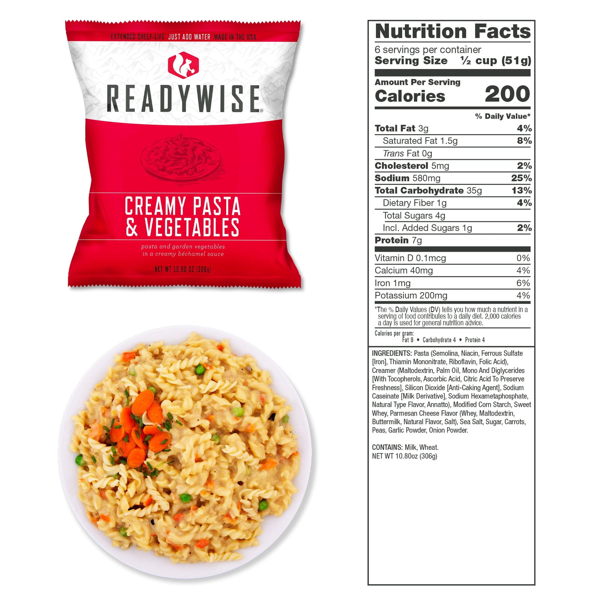 Creamy pasta and vegetables emergency meal pouch included in SureStep survival kit