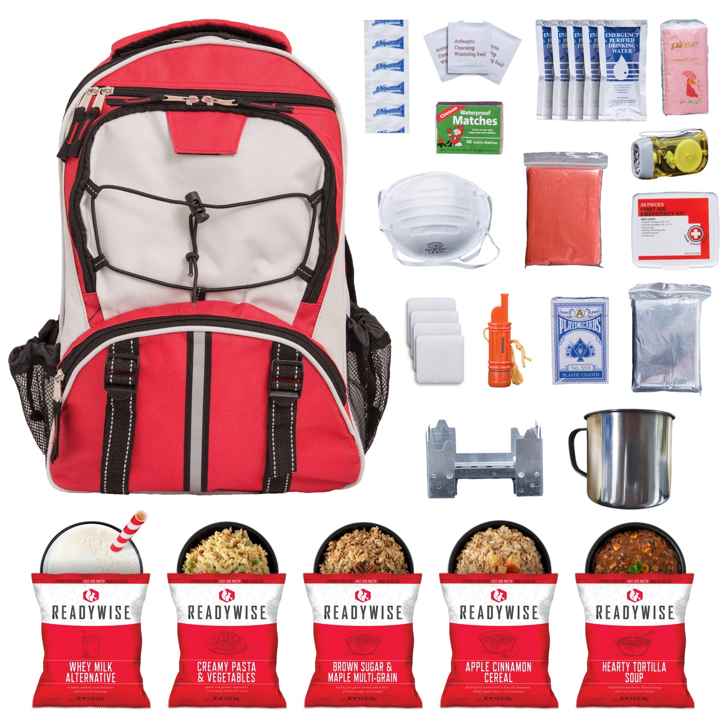 SureStep red emergency survival backpack with all pieces laid out