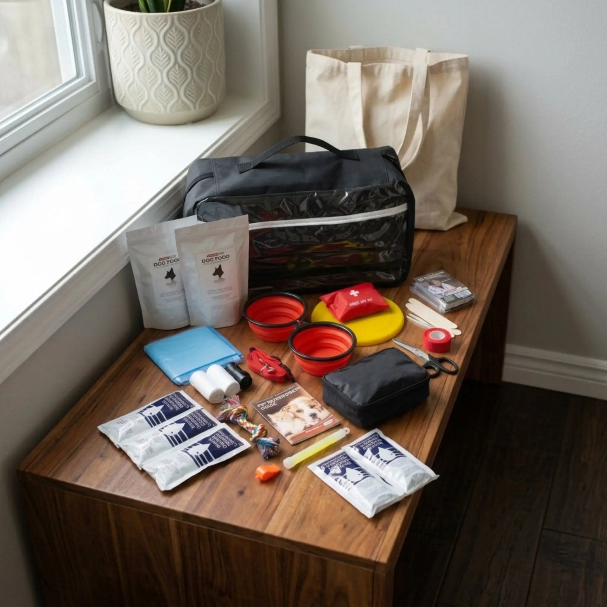 basic dog emergency kit contents laid out on brown desk top