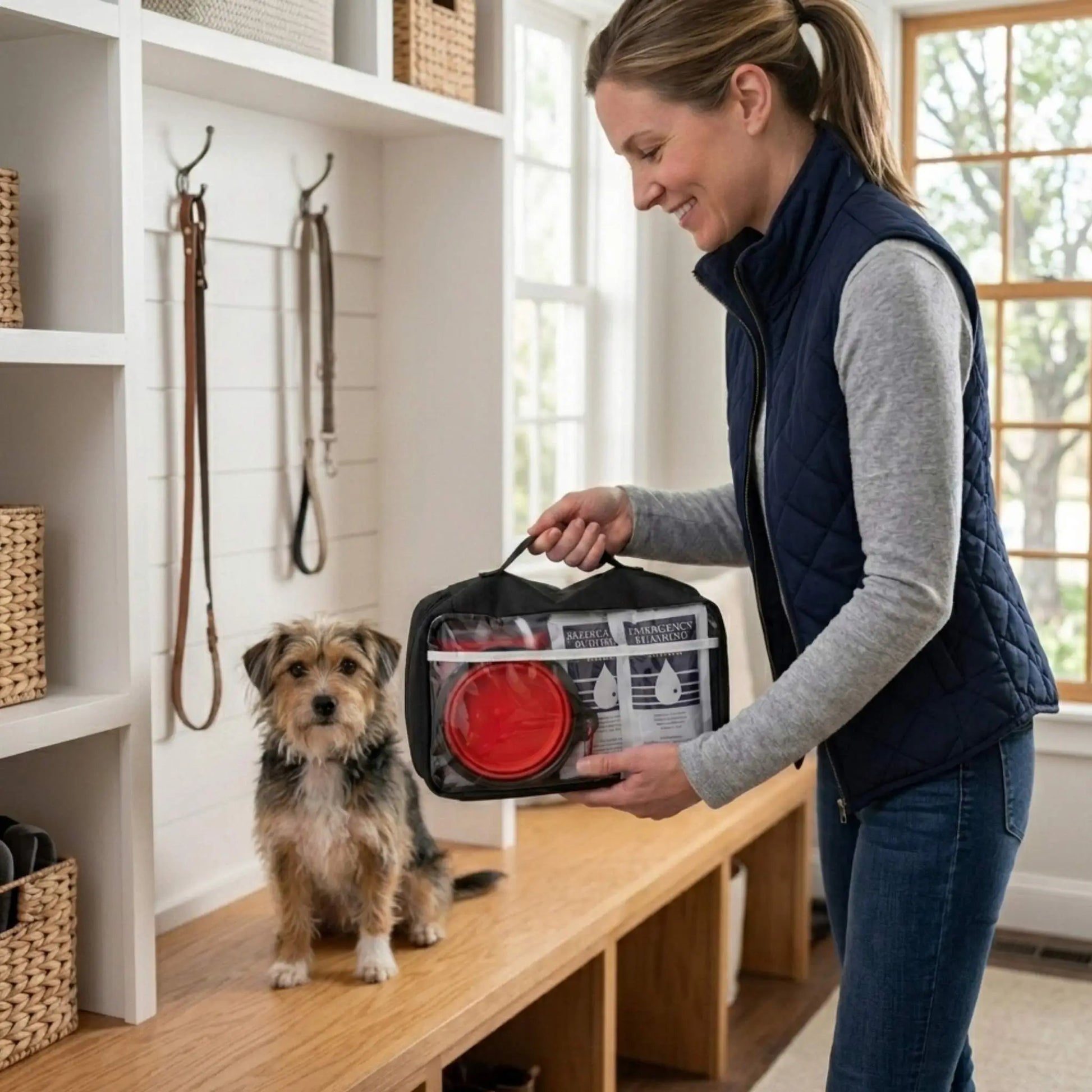 dog basic emergency survival kit showing woman holding the complete kit with her small dog in background